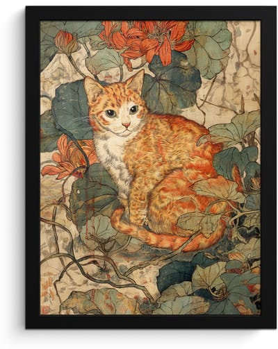 Poster in lijst - Fotolijst 30x40 cm - Posters - Kat - Sierlijk - Bloemen - Posterlijst zwart - Decoratie - Wanddecoratie woonkamer - Muurdecoratie slaapkamer