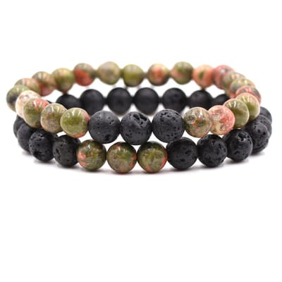 Bixorp Gems Dubbele Natuursteen Armband voor Man & Vrouw - Groen-Oranje/Zwart contrast - Edelsteen Armband Cadeau - Jaspis & Lavasteen - 18cm