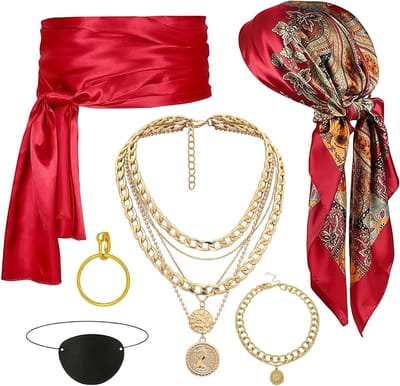 Set van 6 Piratenaccessoires voor Vrouwen, Middeleeuwse Piratenkostuums met Neckerchief, Riem, Oorbellen, Ooglap, Ketting en Armband voor Halloween, Carnaval en Cosplay Feesten
