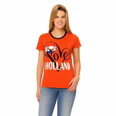 Dames Oranje T-Shirt Love Holland – Maat M (40-42) – WK Voetbal 2026 – Oranje Supportersshirt