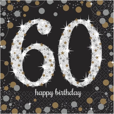 Amscan Servetten 60 jaar - 16x stuks - zwart - 33 x 33 cm - confetti - luxe - verjaardag