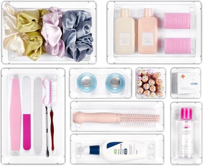 carmdering - Schubladen Organizer - Lade Indeler - Opbergbakjes Set - 4 Verschillende Maten - Stapelbaar Ontwerp - Duurzaam Kunststof - Transparant Design - Rutschfeste Pads Inbegrepen - 8 Delen