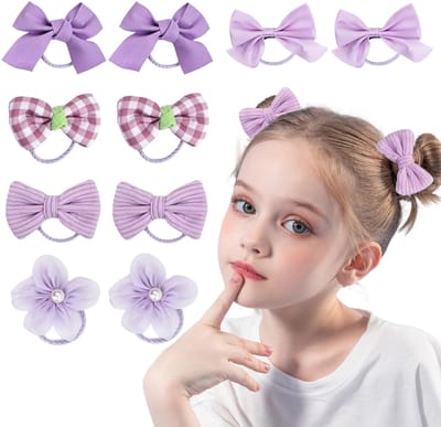 10 Stuks Schattige Haarelastieken met Strik | Bloemen Scrunchies Kleine Elastische Staarthouders voor Baby Meisjes Peuters (Paars)