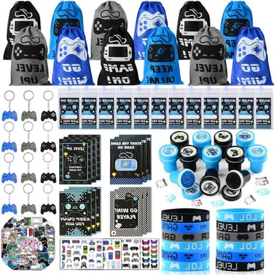 Grote Set van 126 Stuks Party Bag Vullingen voor Videogame Feestjes, Inclusief Sleutelhanger, Silicone Armband en Stempels, Perfecte Verjaardagsfeestjes voor Kinderen en Gamer Thema's