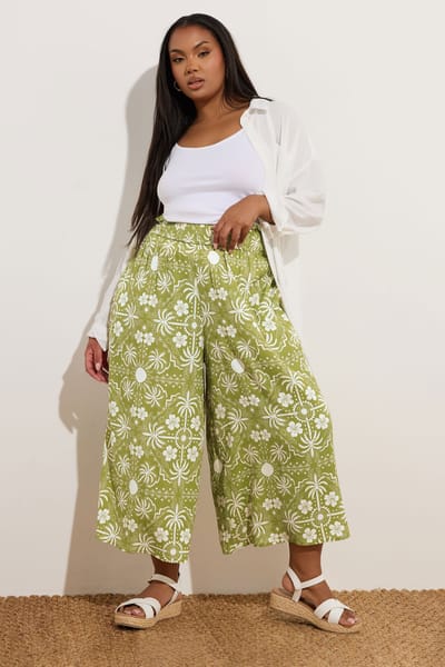 Yours Midaxi Culottebroek Van Kreukelstof Met Palmprint En Elastische Taille In Groen Size 44