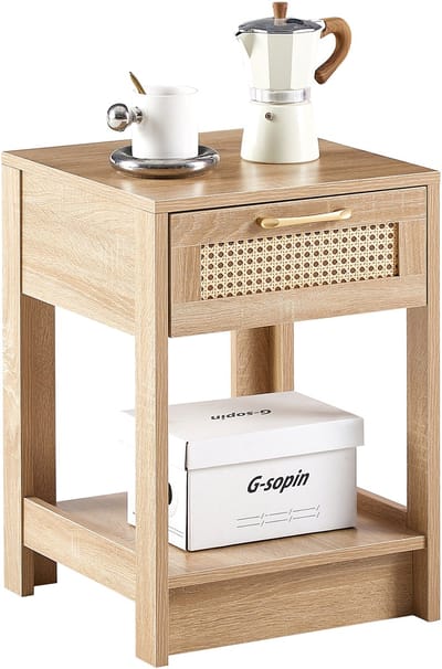 Wishdor - Nachtkastje Met Lade - Rotanfront - Modern - Voor Slaapkamer En Woonkamer - MDF - Naturel