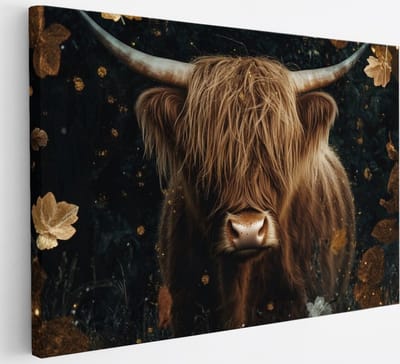 Saammp - Canvas Schilderij - Schotse Hooglander Koe - Abstract - Bladeren - Dieren - Natuur - 30x20 - Foto op canvas - Wanddecoratie - muurdecoratie Woonkamer - Slaapkamer decoratie - Canvas Print