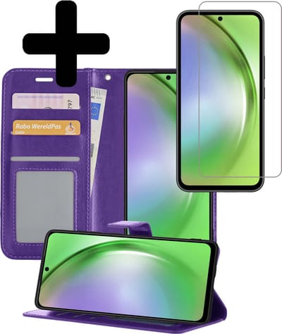 Hoesje - Met Screenprotector - Geschikt voor Samsung Galaxy A54 - Luxe Pasjeshouder - Bookcase Portemonee - Flip Case - Kunstleer Book Case - Flipcase - Book Cover - Walletcase - Portemonneehoes - Telefoonhoesjes - Paars