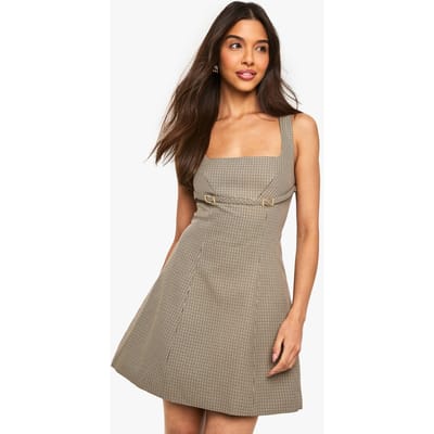 boohoo Dames Bekijk de Herringbone Mini-Jurk met Vierkante Hals, Getailleerde Pasvorm en Gespdetails | Brown | Maat: 8