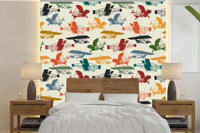 Behang - Fotobehang Patronen - Vliegtuig - Retro - Jongens - Kinderen - Kids - Jongetje - Breedte 240 cm x hoogte 240 cm