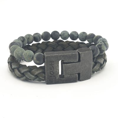 JOSH Heren Leren Armband met Natuursteen Groen | 24981-BRA