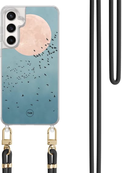 Telefoonhoesje met koord geschikt voor Samsung S24 FE - Moon birds - Inclusief Zwart koord - Transparant, Blauw - Print - Crossbody beschermhoes - Met Telefoonketting