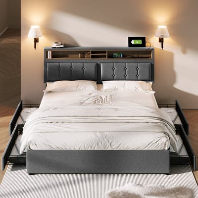 Doppelbed 140x200 cm - 4 laden - USB-C-stopcontact - Verstelbaar hoofdeinde in hoogte - Houten lattenbodem