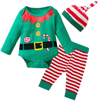 Dailygoody - Babyrompertje - Kerstoutfit - Schattig en comfortabel - Gestreepte broek - Mijn eerste Kerstmis - Voor jongens en meisjes - Met elfenmuts