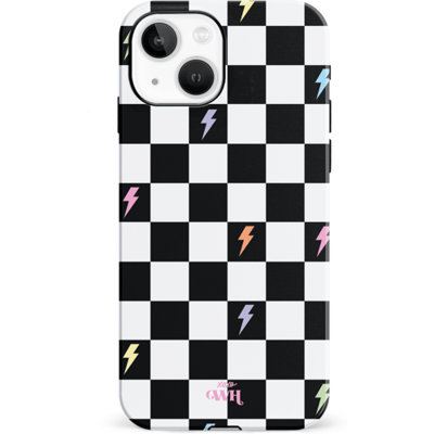 xoxo Wildhearts Thunderstruck - Double Layer - Hard Case geschikt voor iPhone 14 Plus hoesje - Bliksem hoesje - Dames hoesje geschikt voor iPhone 14 Plus hoesje - Case geschikt voor iPhone 14 Plus hoesje - beschermhoes - geblokt - zwart / wit