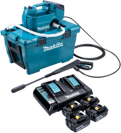 Makita DHW 080 PT4K Snoerloze hogedrukreiniger 36 V ( 2x 18 V ) 80 bar 380 l/u Borstelloos + 4x accu 5.0 Ah + dubbele lader