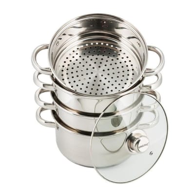 Kinghoff KH-3317 Stoompan set ∅ 18cm 5 delig - Geschikt voor alle warmtebronnen - Zilver - Glazen stoomruimtes - Stoomkookpan