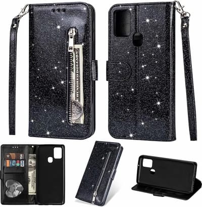 Portemonnee Hoesje - Wallet Case - Rits Sparkly Glitter - Telefoonhoes met Kord Geschikt voor: OPPO A15 / A15s / A35 2021 - Zwart
