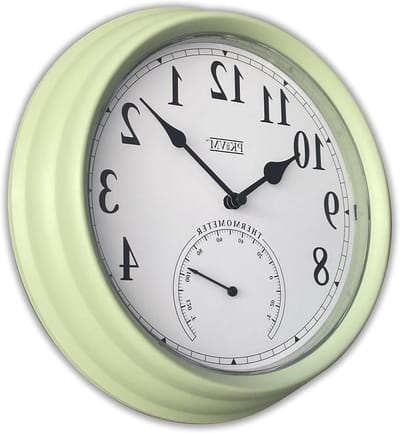Wandklok met Thermometer - Buitenklok Tuinklok - Tijd Buiten Aflezen - Stil Sweep-beweging - 99 inch - Pastel Groen