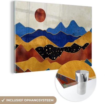 MuchoWow® Glasschilderij 60x40 cm - Schilderij acrylglas - Marmer - Goud - Blauw - Foto op glas - Schilderijen