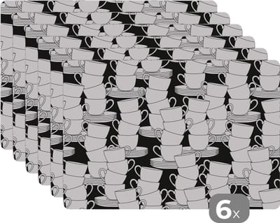 Placemat - Placemats kunststof - Patronen - Zwart wit - Kopjes - Thee - 45x30 cm - 6 stuks - Hittebestendig - Anti-Slip - Onderlegger - Afneembaar