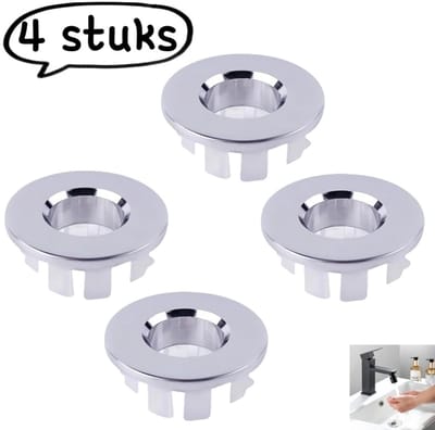 4-delige overloopafdekking - Afdekking voor overloopgat van wastafel/gootsteen - Overloopring voor wastafel - Decoratieve plastic overloopring - Koperen ring - Zilver