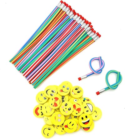 60 x potloden en gummetjes, 30 x zachte flexibele magische buigzame potloden + 30 x smiley emoji-gum, kinderverjaardagsfeestzakvuller set, kinderfeestfavorieten bedankje