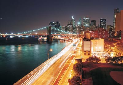 Fotobehang New York City Skyline Night | XL - 208cm x 146cm | 130g/m2 Vlies