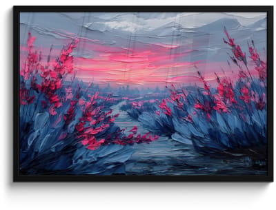 Poster in lijst - Fotolijst 90x60 cm - Posters - Schilderij - Zonsondergang - Bloemen - Rivier - Posterlijst zwart - Decoratie - Wanddecoratie woonkamer - Muurdecoratie slaapkamer