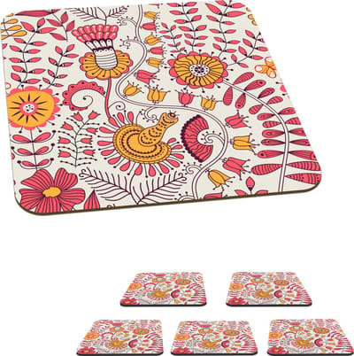 Onderzetters voor glazen - Bloemen - Design - Roze - Oranje - 10x10 cm - Glasonderzetters - 6 stuks