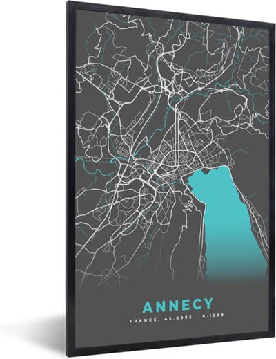 Fotolijst incl. Poster - Annecy - Frankrijk - Plattegrond - Stadskaart - Kaart - 40x60 cm - Posterlijst