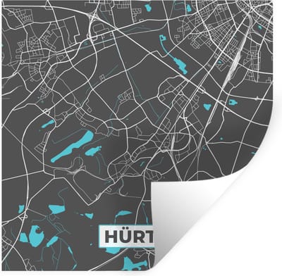 Muurstickers - Sticker Folie - Kaart – Plattegrond – Stadskaart – Hürth – Duitsland – Blauw - 100x100 cm - Plakfolie - Muurstickers Kinderkamer - Zelfklevend Behang XXL - Zelfklevend behangpapier - Stickerfolie