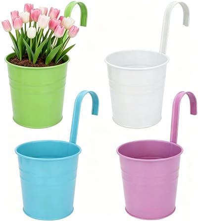 4 stuks hangende bloempot met drainagegat, metalen bloempot met afneembare haken, hangpotten voor planten, vintage stijl, decoratie, balkon, tuin, muur, omheining, buiten, binnenwand