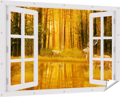 Gards Tuinposter Doorkijk Twee Herten in het Bos bij het Water - 180x120 cm - Tuindoek - Tuindecoratie - Wanddecoratie buiten - Tuinschilderij