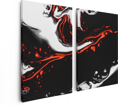 Artaza Canvas Schilderij Tweeluik Abstracte Kunst - Zwart en Wit met Rood - 80x60 - Foto Op Canvas - Canvas Print