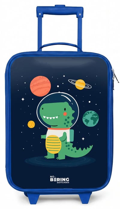 NoBoringSuitcases.com® - Kinderkoffer blauw - Kindertrolley jongen - Ruimte - Dino - Planeten - Sterren - Koffer kind lichtgewicht - Reiskoffer trolley voor kinderen - Koffertje met lichtgevende wieltjes - Rolkoffer