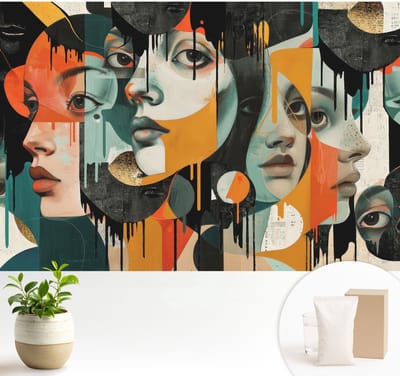 Wallfluent Behang - Kleurrijke gezichten Vliesbehang - 104x70 cm - Zwart Behang - Voor natuurliefhebbers en liefhebbers van lentelandschappen - Behang Voor de slaapkamer, woonkamer en hal - Wanddecoratie Deel
