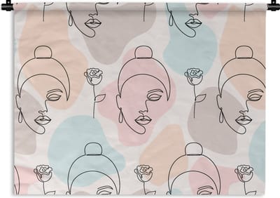 Wandkleed - Wanddoek - Vrouw - Bloemen - Line Art - Pastel - Patroon - 60x45 cm - Wandtapijt