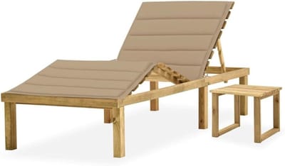 Houten Ligstoel - Tuinstoel Lounger - Ontspannen in de tuin - Verstelbare rugleuning en voetensteun - Met bijzettafel - Beige kussen