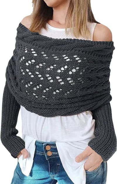 Dames Gebreide Omslagsjaal Vest – Gehaakte Wrap met Gevlochten Mouwen, Twist Patroon, Opengewerkt, Effen Kleur, Bohemian Stijl - Grijs