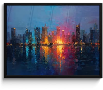 Poster in lijst - Fotolijst 80x60 cm - Posters - Skyline - Penseelstreken - Donkerblauw - Lichtgevend - Posterlijst zwart - Decoratie - Wanddecoratie woonkamer - Muurdecoratie slaapkamer