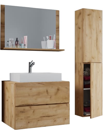 VCM 4-tlg. Waschplatz Waschtisch | Waschbecken Unterschrank Breite 80 cm | Badmöbel Set mit Schubladen Drehtüren Spiegel | Lendas L