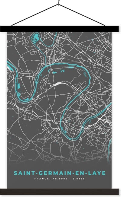 Posterhanger incl. Poster 40x60 cm - Schoolplaat - Saint-Germain-en-Laye - Stadskaart - Kaart - Plattegrond - Frankrijk - Textielposter - Zwarte latten - Stadskaart