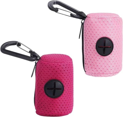 Houder voor hondenpoepzakjes met rits en bevestiging, ideaal voor wandelen en hiken, 2 stuks in roze kleur