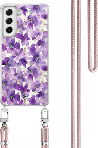 Casimoda® hoesje met koord - Geschikt voor Samsung S21 FE - Floral Violet - Afneembaar koord - TPU/polycarbonaat - Paars