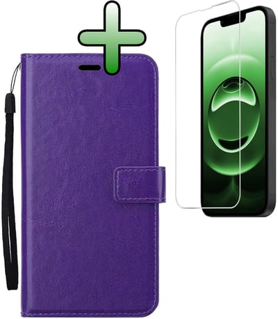 Hoesje Met Screenprotector - Geschikt voor Apple iPhone 16e - Luxe Pasjeshouder - Bookcase Portemonee - Flip Case - Kunstleer Book Case - Flipcase - Book Cover - Walletcase - Portemonneehoes - Paars