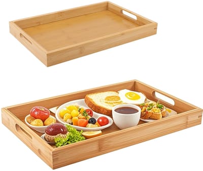 Dailygoods- Dienblad Hout - Rechthoekig - 2 Stuks - 41x29x4 cm / 38x25x4 cm - Antislip - Ontbijtdienblad - Voor Keuken/Feesten - Serviesblad