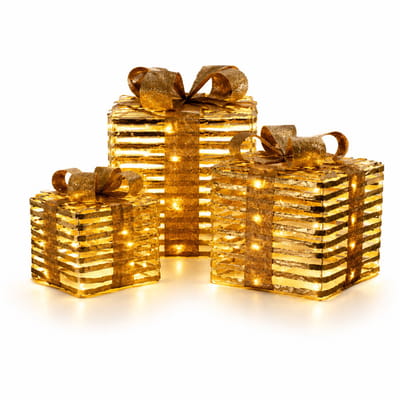 LED Cadeaubox Set van 3 – Gouden Verlichte Kerstcadeaus – Warm Wit Licht – 6/18 Uurs Timer – Batterij Werkt – Kerstdecoratie Binnen