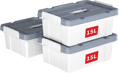 Famanu Opbergbak met deksel en handvat, draagtas organisatiecontainer met deksel en veilige sluitgespen, stapelbaar en nestbaar, kunststof, 16 kwart-3 stuks, wit
