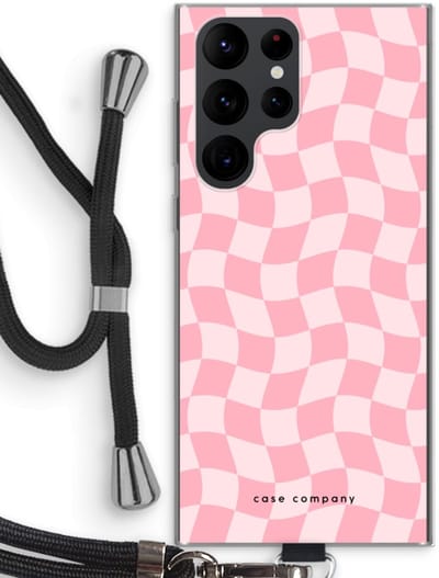 Case Company® - Hoesje met koord geschikt voor Samsung Galaxy S22 Ultra hoesje met Koord - Grid Roos - Telefoonhoesje met Zwart Koord - Bescherming aan alle Kanten en Over de Schermrand